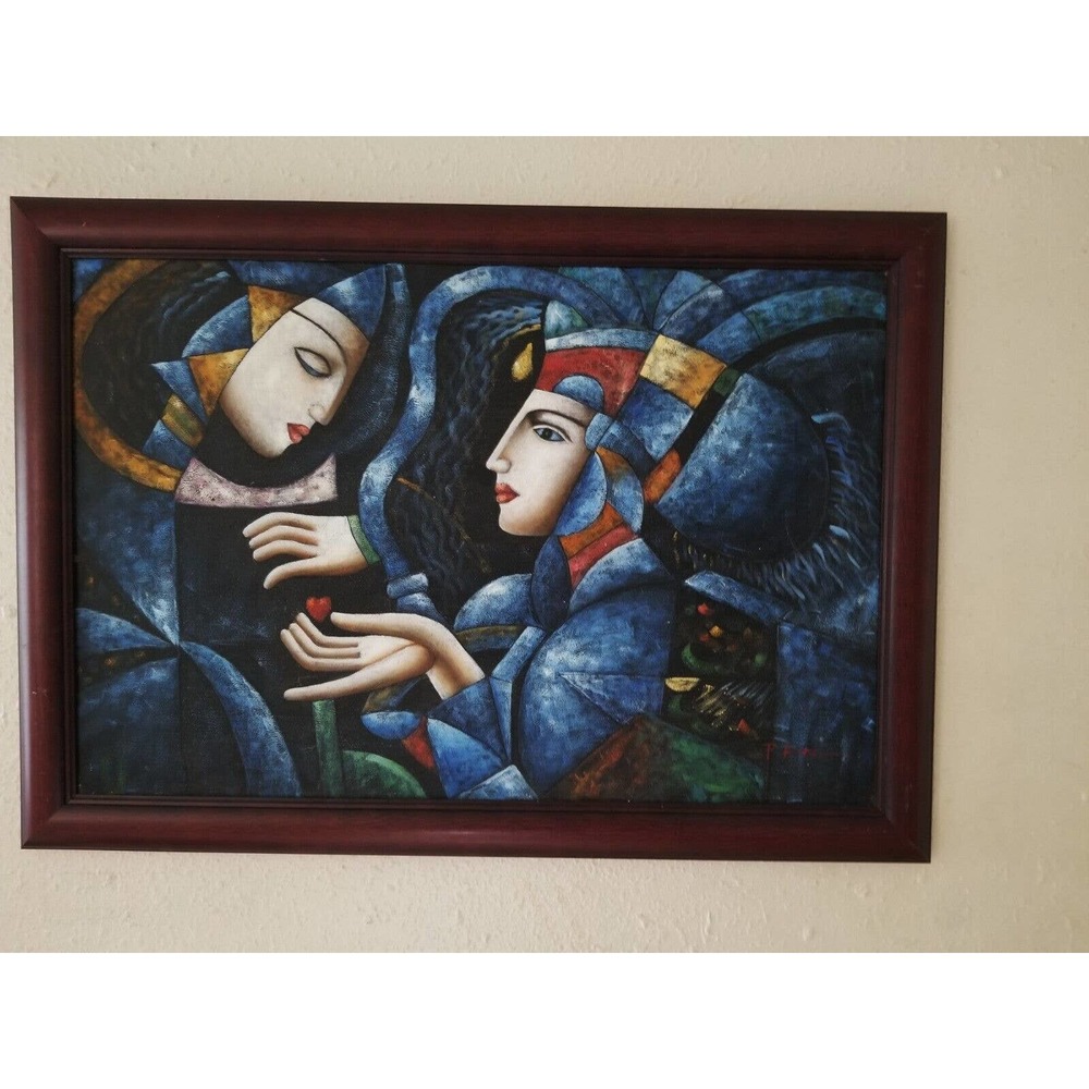 Vintage Acrylic On Canvas Figurative 2 Women Sharing heart Cubism Wall Painting